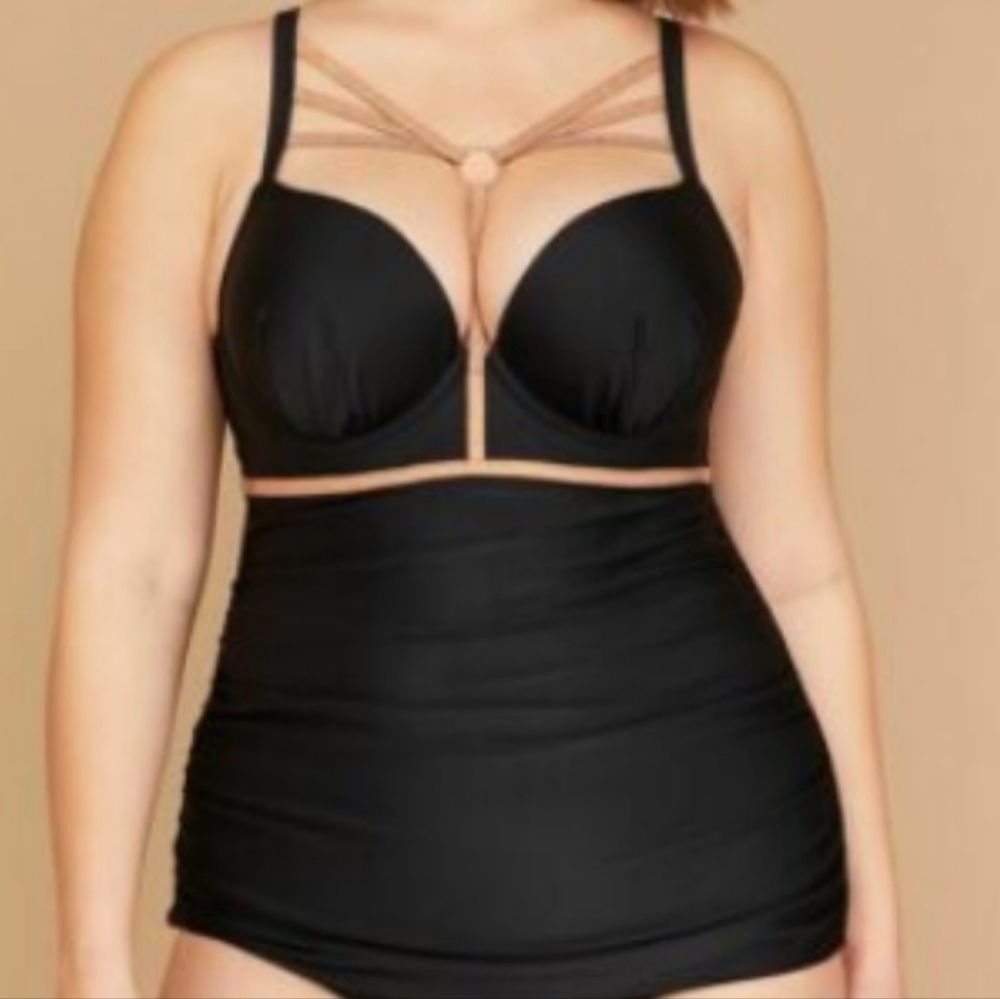 Rose Gold Strappy Swim Tankini Top with Built-In Plunge Bra | Cacique size 44DDD